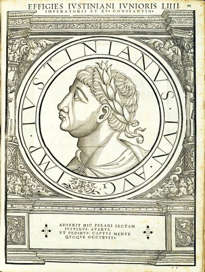 Iustinianus II, illustratie uit Imperatorum romanorum omnium orientalium et occidentalium verissimae imagines ex antiquis numismatis, houtsnede door Rudolph Wyssenbach, gedrukt door Andreas Gesner, Zürich door Hans Rudolf Manuel Deutsch